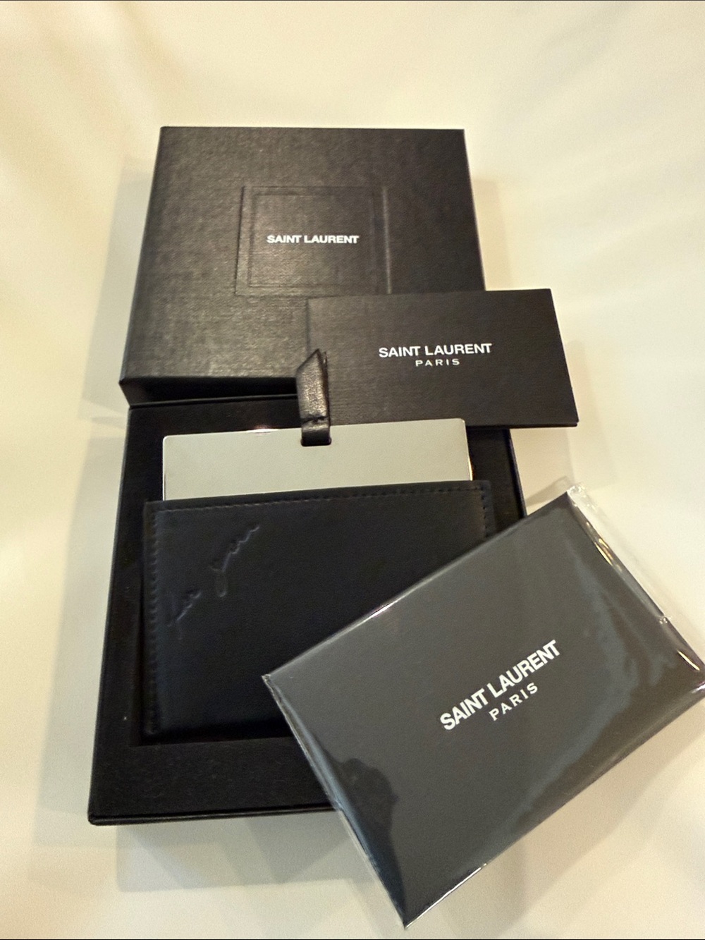 Saint Laurent Black Leather Key & Card Holder with Saint Laurent Box